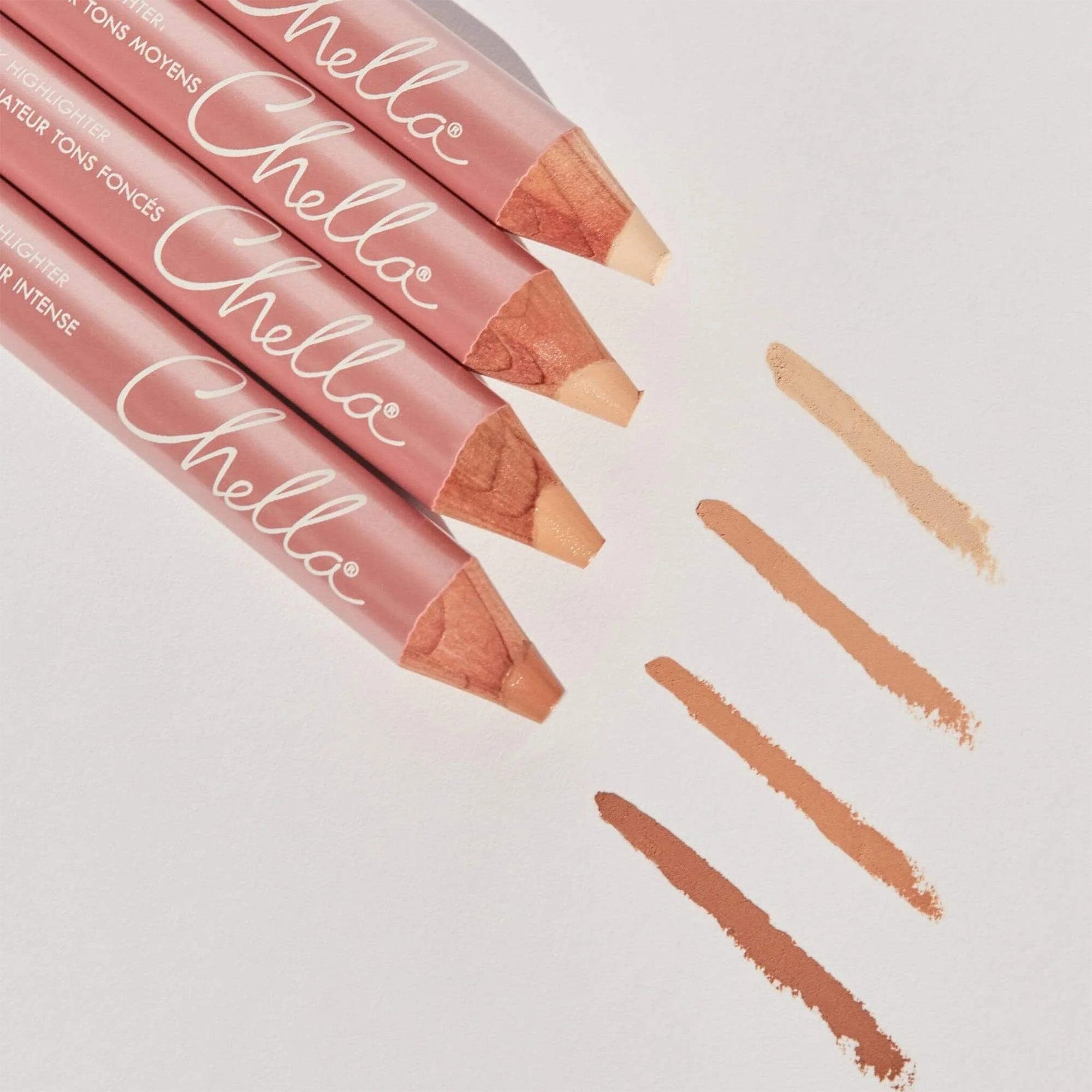 Front view #1026 Highlighter Pencil by Chella shown in Light, Medium, Dark, and Deep