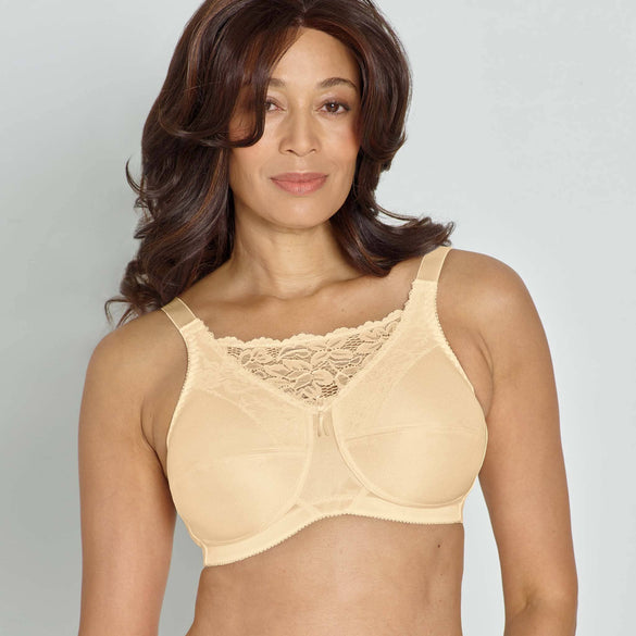 Front view #7580 Mastectomy Camisole Bra shown in beige.