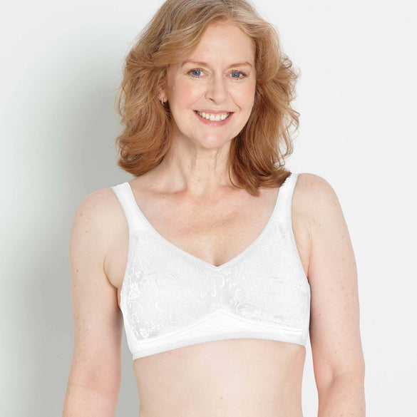 Front view #8159 All Over Lace Microfiber Mastectomy Bra shown in white.