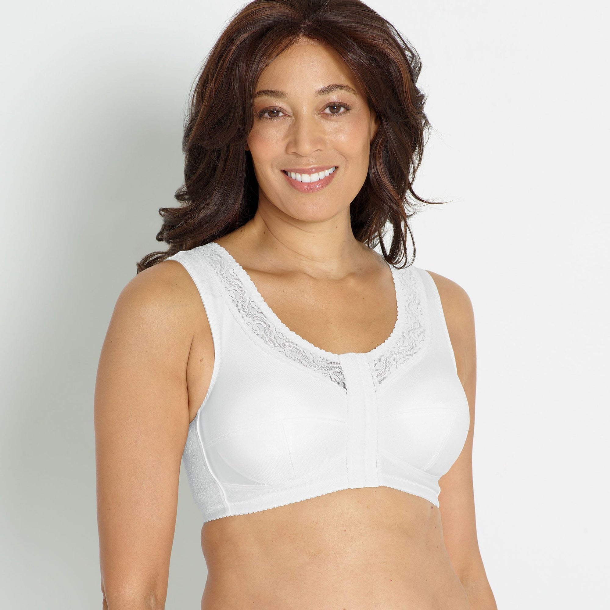 Front view #8557 Leisure Camisole Front Closure Especially For You Bra White/Right