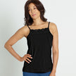 Front view of the #9408 Cool Comfort Pocketed  Lace Trim Camisole shown in black.