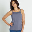 Front view of the #9408 Cool Comfort Pocketed  Lace Trim Camisole shown in denim.