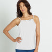 Front view of the #9408 Cool Comfort Pocketed  Lace Trim Camisole shown in white.