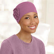 Front view #9661 Pleated Organic Bamboo Cap with Sunflower Shown in Rose
