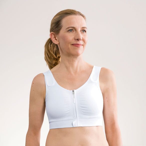 Front view #9946 Amoena® Leyla Post-Surgical Compression Bra Shown in White
