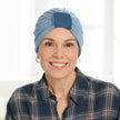 Front view #9968 Bamboo Reversible Classic Turban shown in Indigo Blue/Dusty Blue (Dusty Blue side)