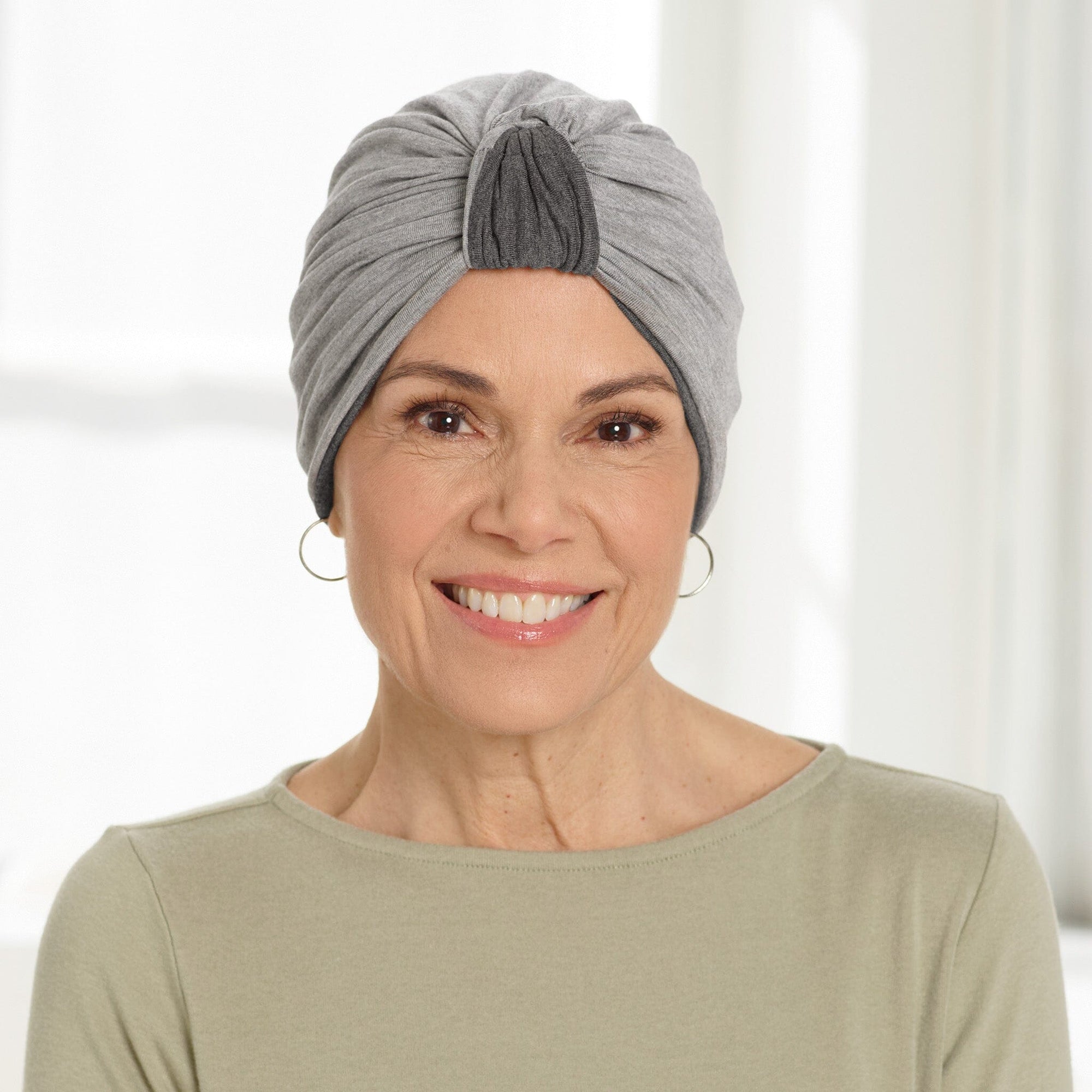 Front view #9968 Bamboo Reversible Classic Turban shown in Charcoal Grey/Heather Grey (Heather Grey side)