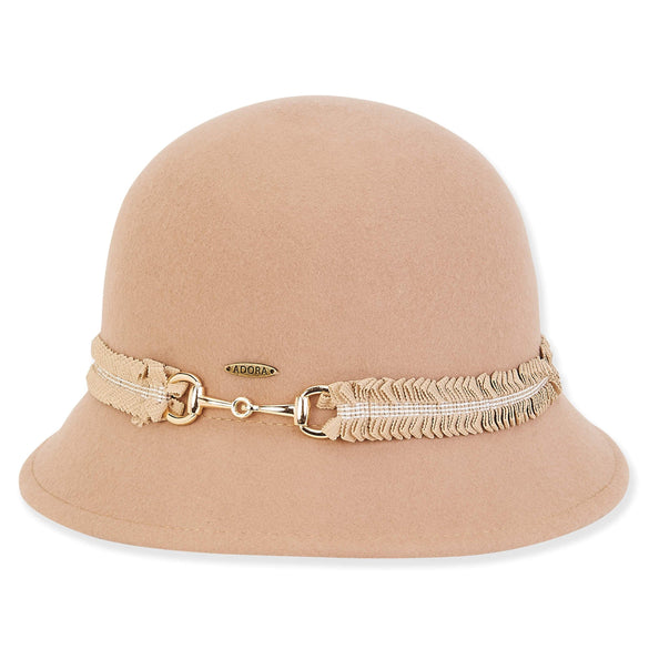 Front view #9974 Wool Felt Cloche with Buckle Trim shown in Blush