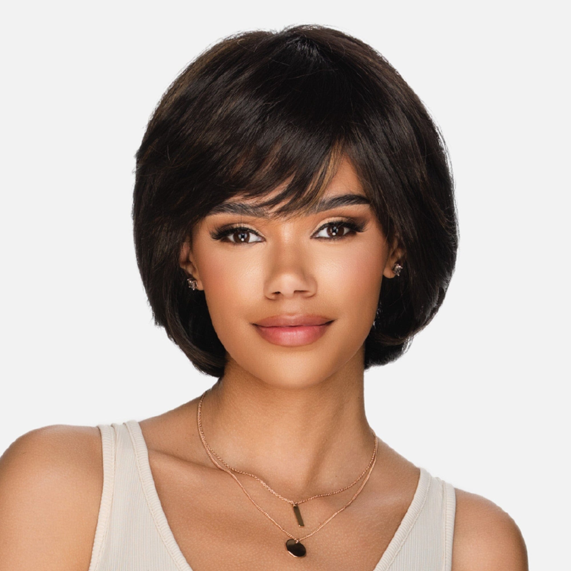Front view #9977 HMB-Kate Wig by Vivica A. Fox™ shown in (FS4/27) 80 Medium Dark Brown (#4) With 20 Honey Blonde (#27) Frost