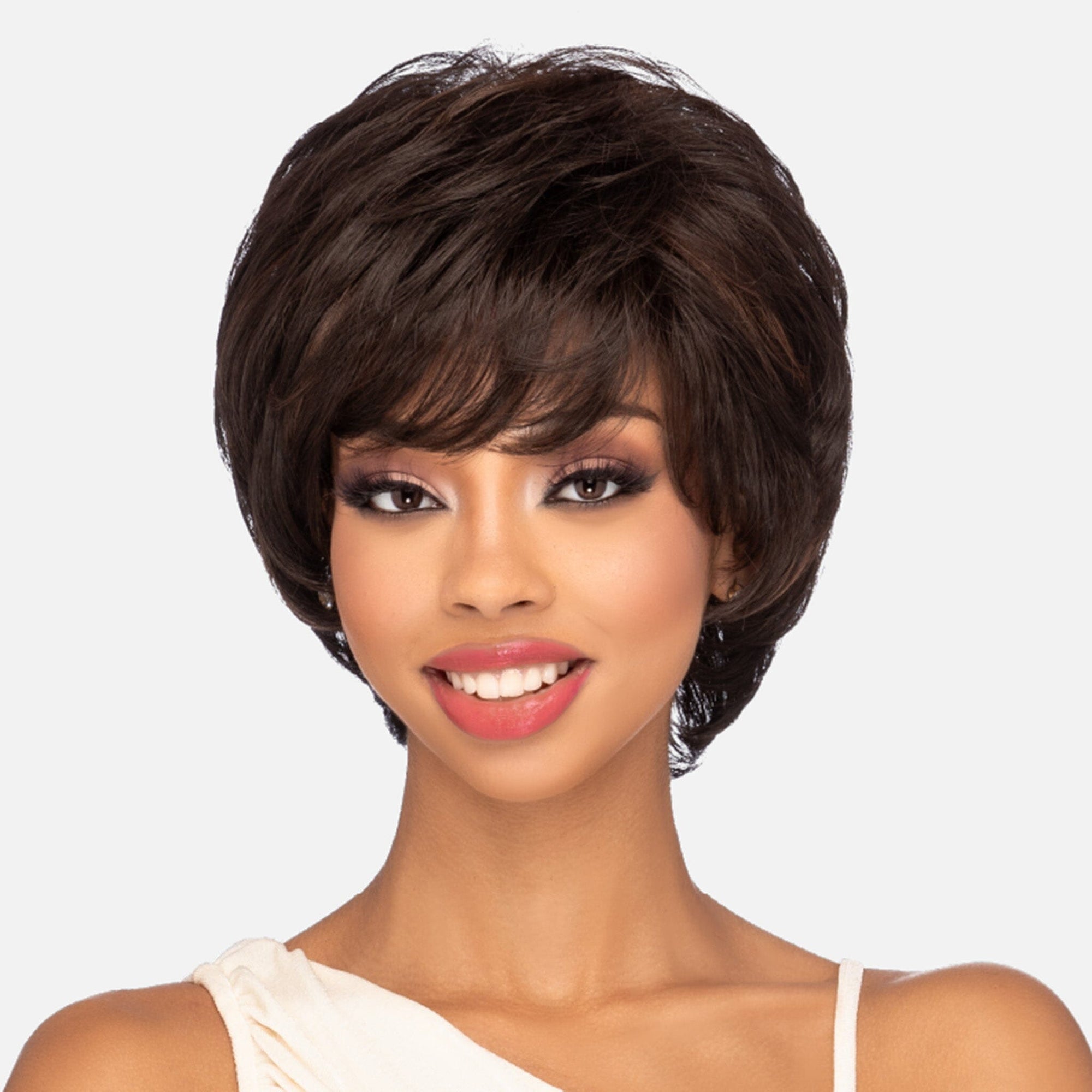 Front view #9978 HMB-Jai Wig by Vivica A. Fox™ shown in (FS4/30) 80 Medium Dark Brown (#4) With 20 Copper Blonde (#30) Frost