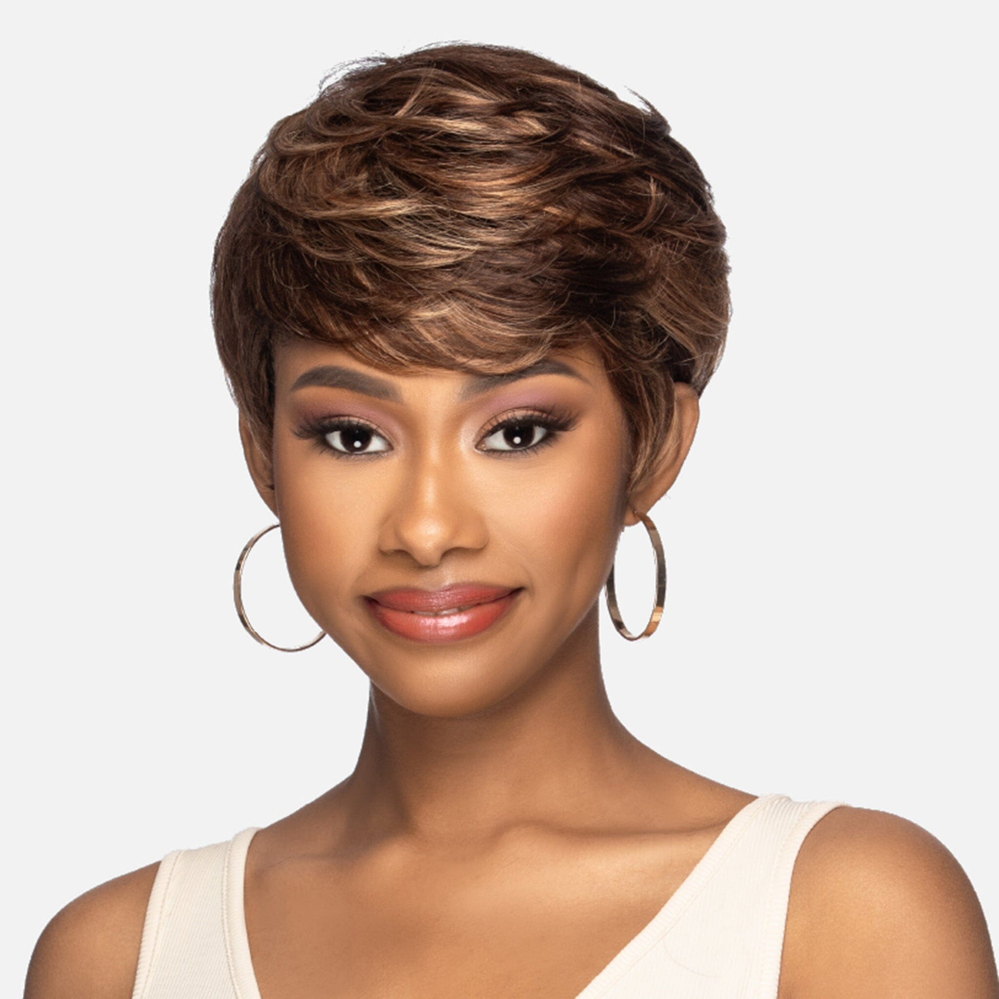 Front view #9981 Sweet Wig by Vivica A. Fox™ shown in (P4/27/30) Piano Color. Medium Dark Brown (#4). Honey Blonde (#27). Copper Blonde (#30)