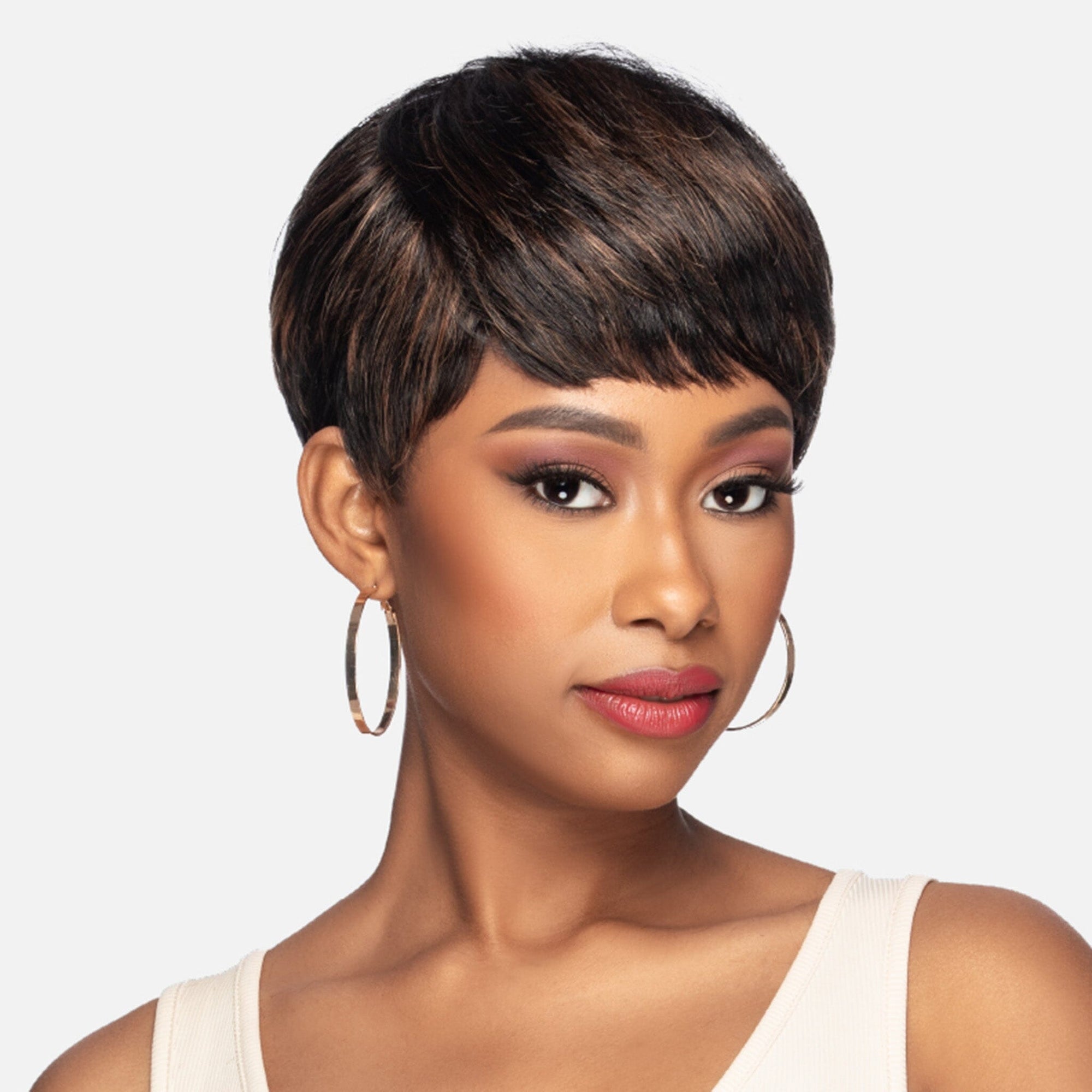 Front view #9982 Bella Wig by Vivica A. Fox™ shown in (FS1B/30) 80 Off Black(#1B) With 20 Copper Blonde (#30) Frost