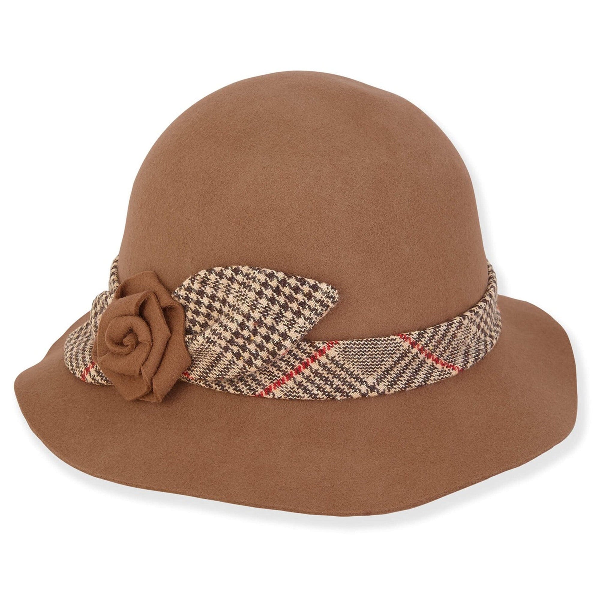 Front view #9996 Wool Bucket Hat with Rose Trim shown in Tan
