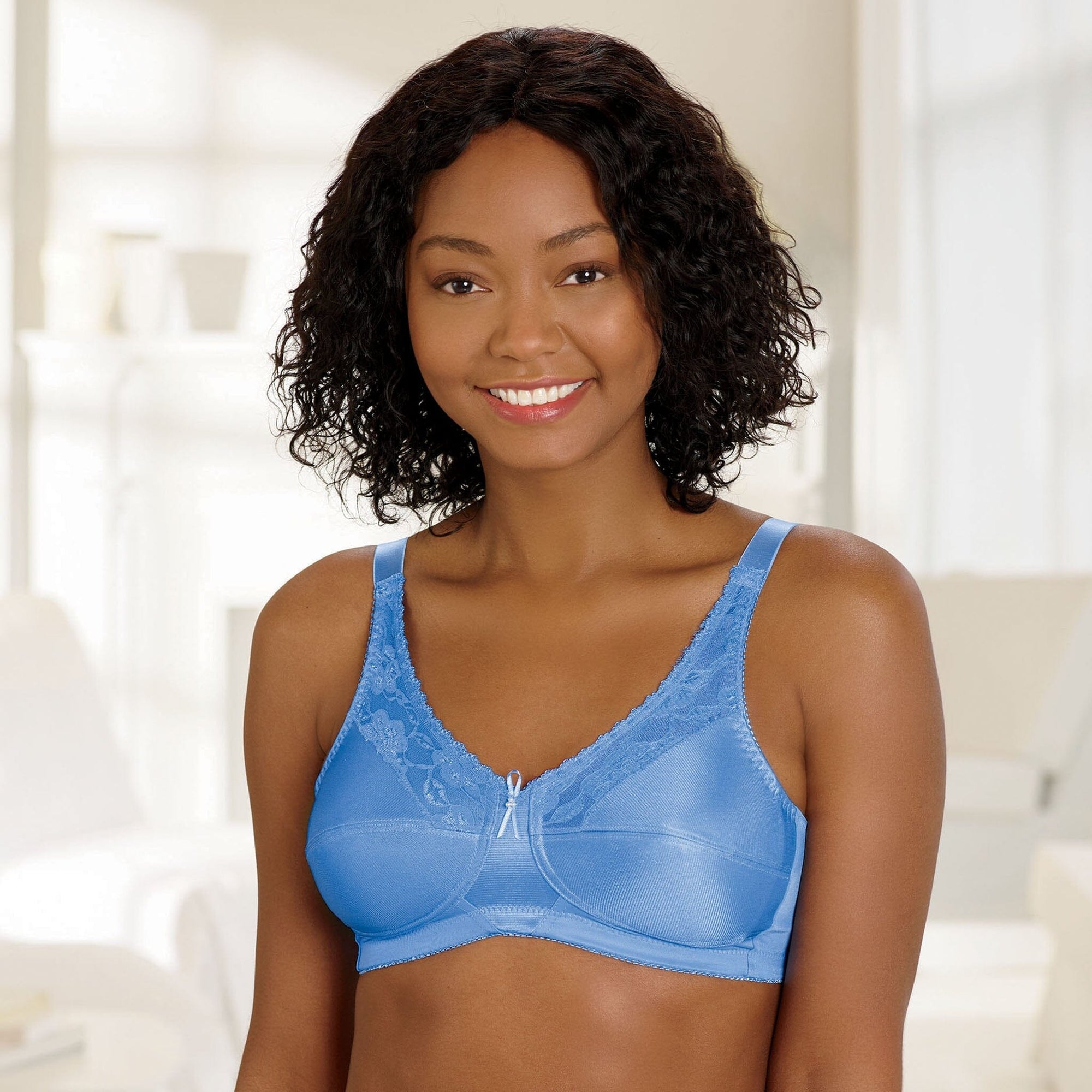 Front view #7288 Lace Accent Pocketed Bra Shown in Blue