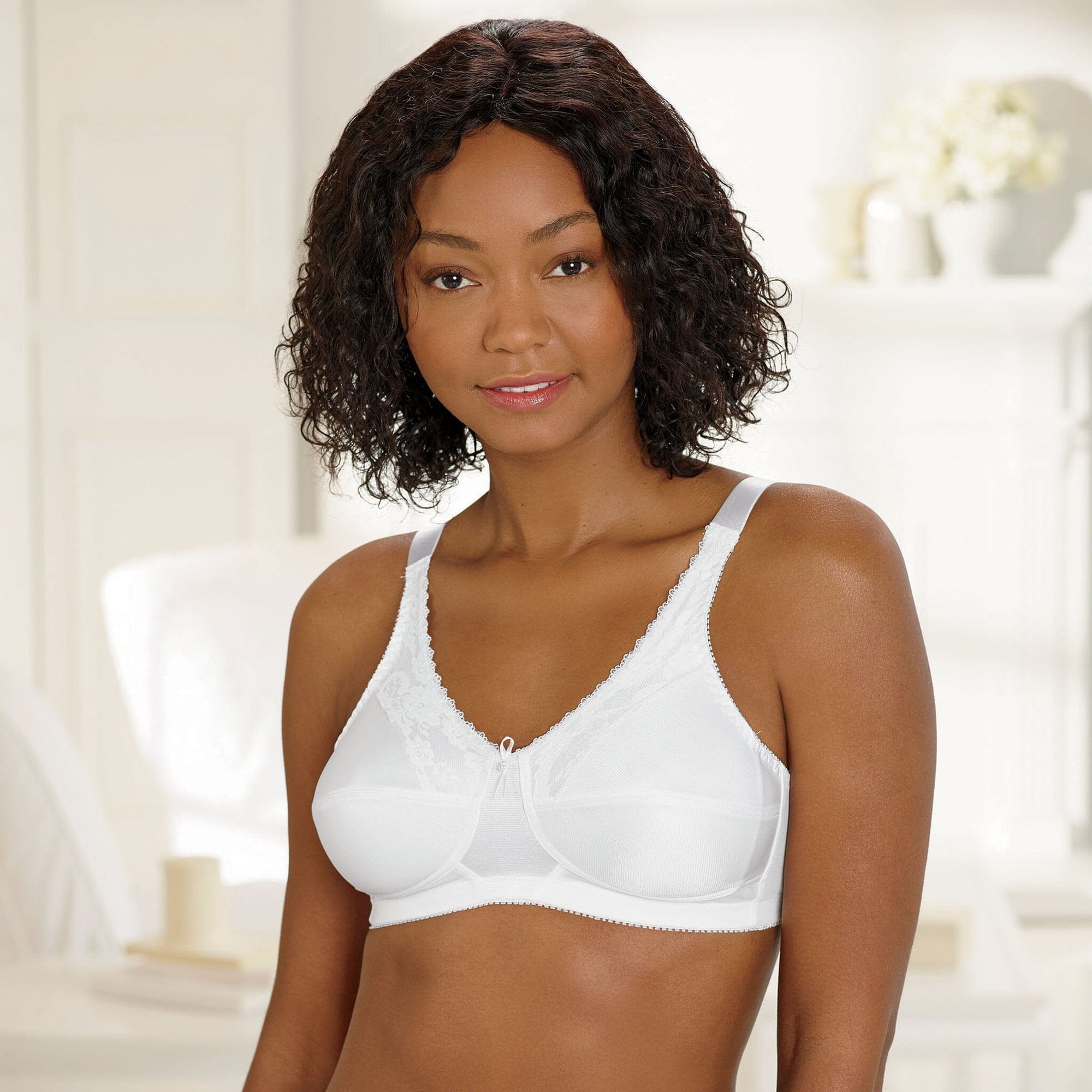 Front view #7288 Lace Accent Pocketed Bra Shown in White