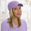 Front view #8063 Shoulder Length Straight Halo shown in (1621) Sunkissed Blonde with Cotton Knit Baseball Cap (#9114) in Light Orchid 