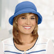 Front view #8063 Shoulder Length Straight Halo shown in (29) Glazed Strawberry with Bucket Hat with Frayed Edge (#9507) in Blueberry 