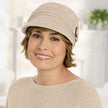 Front view #8306 Cotton Conductor Hat with Buckle Shown in Sandstone with Straight Peek-a-Boo Halo (#7965) in (29) Glazed Strawberry