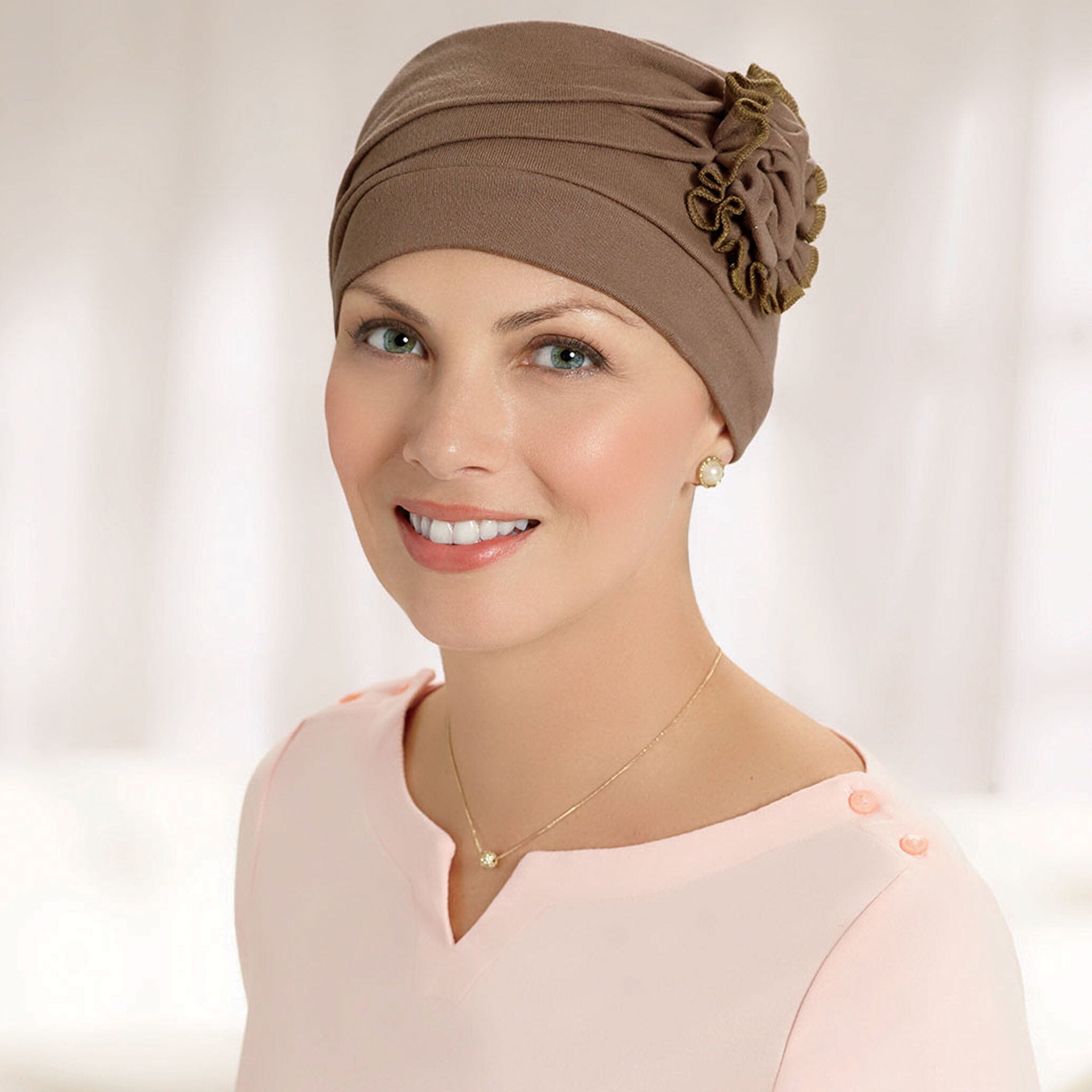 Shirred Seamless Turban with Flower was