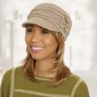 #8372 Halo with Side Bang by EverYou shown in (29) Glazed Strawberry with 100% Cotton Newsboy with Mini Rosettes (#9674) in Sand 