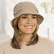 #8372 Halo with Side Bang by EverYou shown in (811) Mocha with Golden Highlights with Featherweight Multi-Adjustable Cotton Crusher (#9669) in Sand 