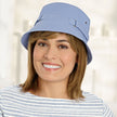 #8374 Mid-Length Halo with Bang by EverYou shown in (29) Glazed Strawberry with Featherweight Multi-Adjustable Cotton Crusher (#9669) in Chambray 
