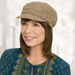#8374 Mid-Length Halo with Bang by EverYou shown in (829) Sunkissed Brown with Newsboy with Buckle Hat (#9143) in Camel 