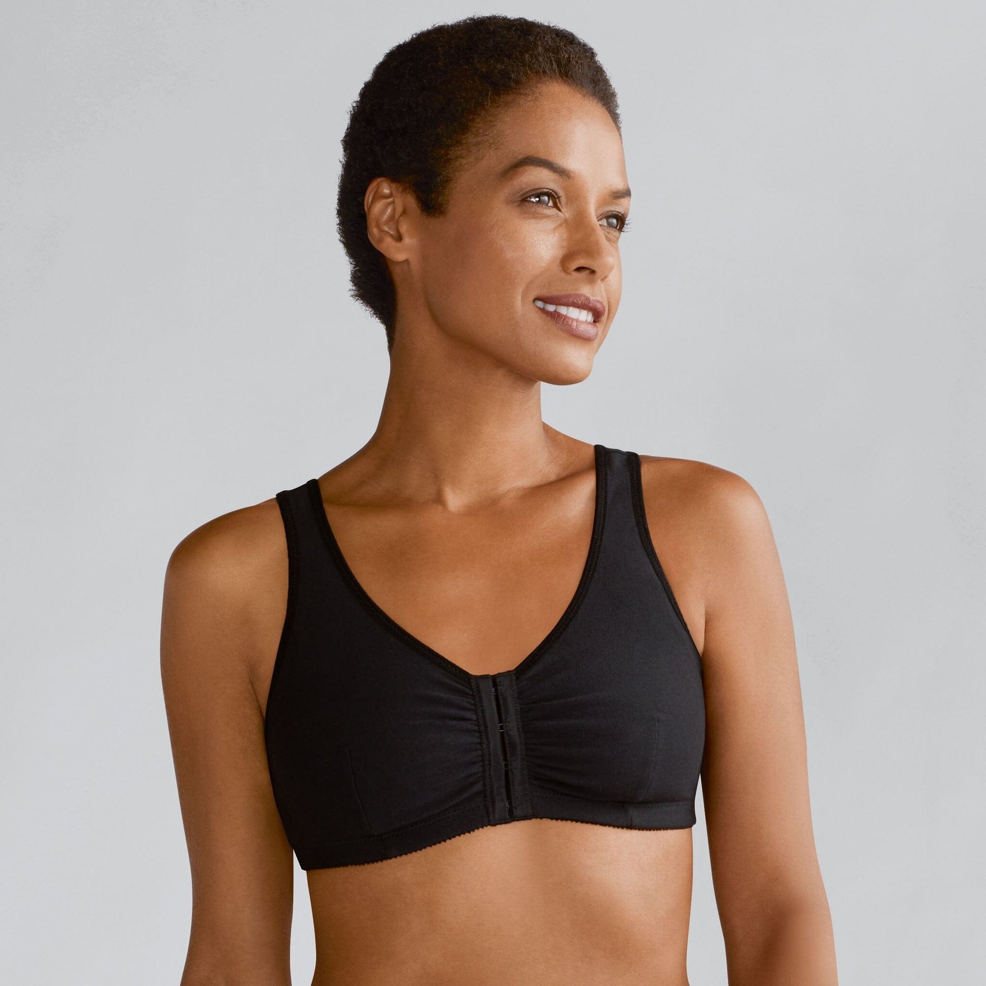 Front view #8528 Amoena® Frances Wire-Free Leisure Bra Shown in Black