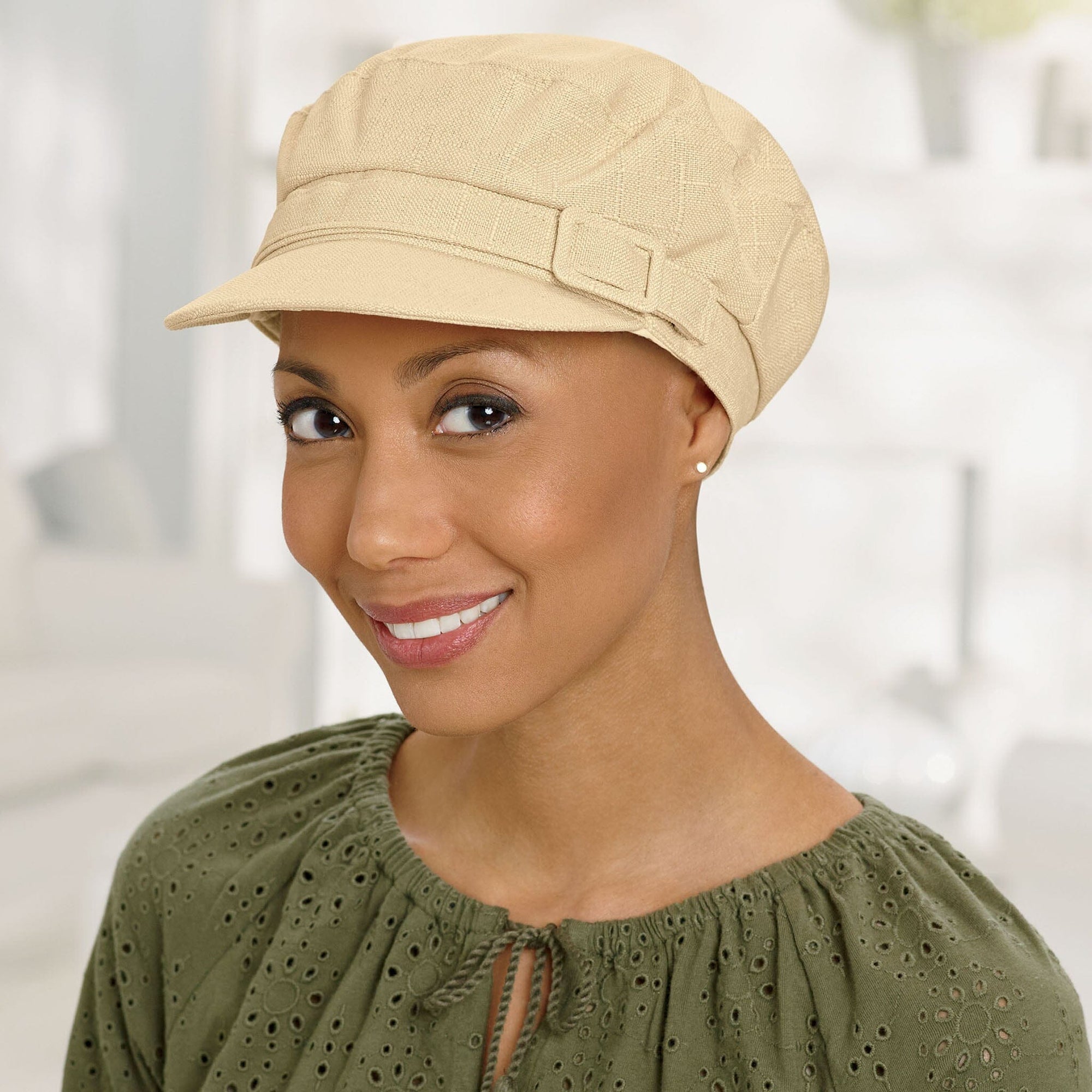 Front view #9143 Newsboy with Buckle Hat Shown in Beige