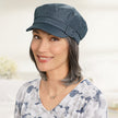 Front view #9143 Newsboy with Buckle Hat Shown in Navy with Mid-Length Halo with Bang (#8374) in (44) Salt and Pepper