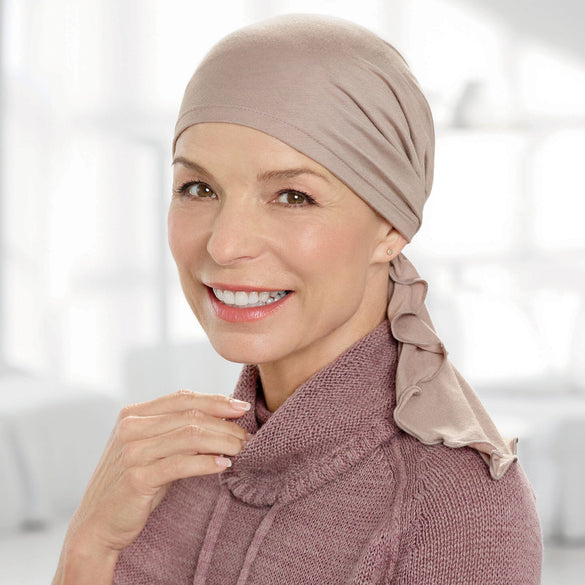 Front view #9192 Bella Organic Bamboo Pre-tied Scarf shown in Beige