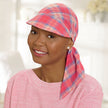 Side view #9403 Plaid 100% Cotton Scarf with Brim Shown in Blue/Pink