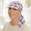 Side view #9403 Plaid 100% Cotton Scarf with Brim Shown in Denim