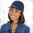 Front view #9441 Classic Wig with Navy Hat shown in 8H Med Brown with Golden Brown Highlights