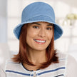 Front view #9503 Distressed Cotton Bucket Hat Shown in Denim with Gabor® Under Cover Halo (#8744) in GL30-32 Dark Copper