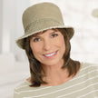 Front view #9503 Distressed Cotton Bucket Hat Shown in Khaki with Halo with Side Bang (#8372) in (829) Sunkissed Brown