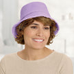 Front view #9503 Distressed Cotton Bucket Hat Shown in Lavender with Curly Peek-a-Boo Halo (#7982) in (29) Glazed Strawberry