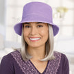 Front view #9503 Distressed Cotton Bucket Hat Shown in Lavender with Gabor® Under Cover Halo (#8744) in GL56-60 Silver