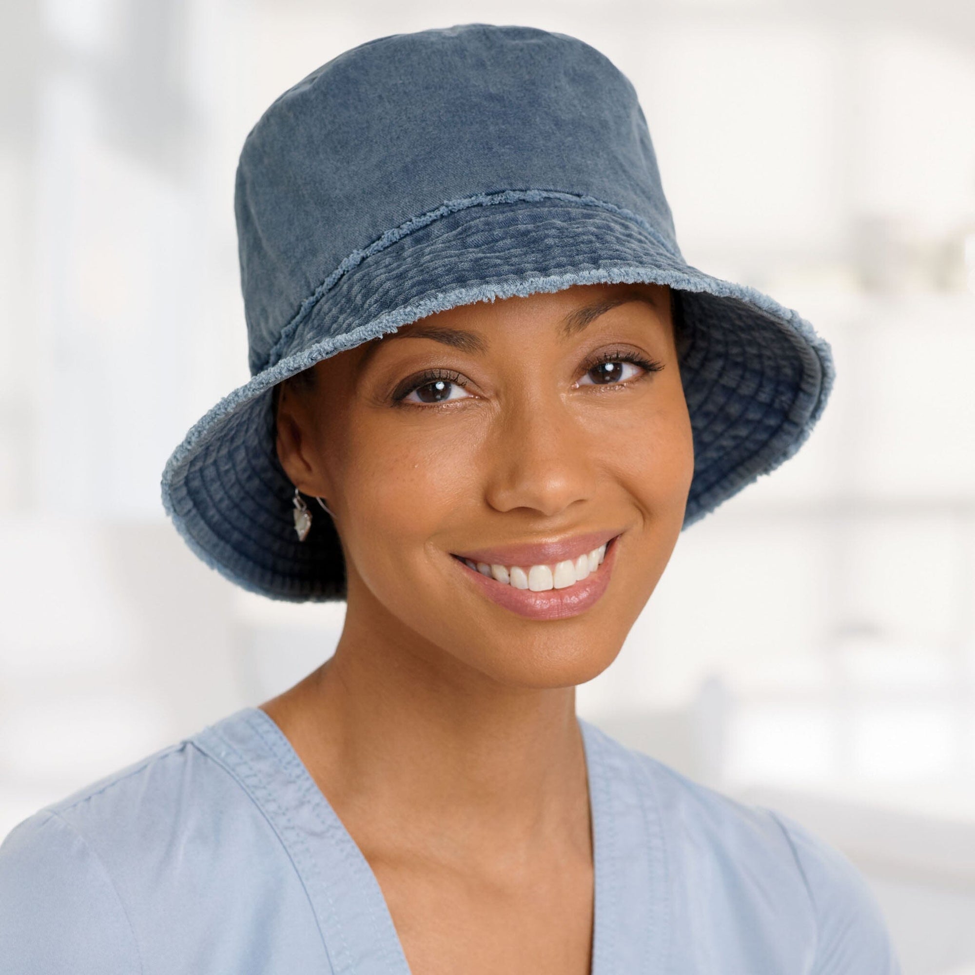 Front view #9503 Distressed Cotton Bucket Hat Shown in Navy
