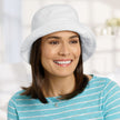 Front view #9503 Distressed Cotton Bucket Hat Shown in White with Gabor® Under Cover Halo (#8744) in GL8-10 Dark Chestnut