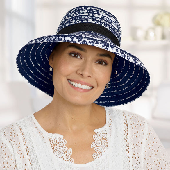 Front view #9509 Printed Botanist Brim Hat in White/Navy Reverse Side