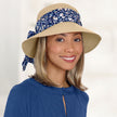 Front view #9511 Packable Hat Shown with Flower Scarfband (#9791) in Navy, and Gabor® Under Cover Halo (#8744) in GL14-16 Honey Toast