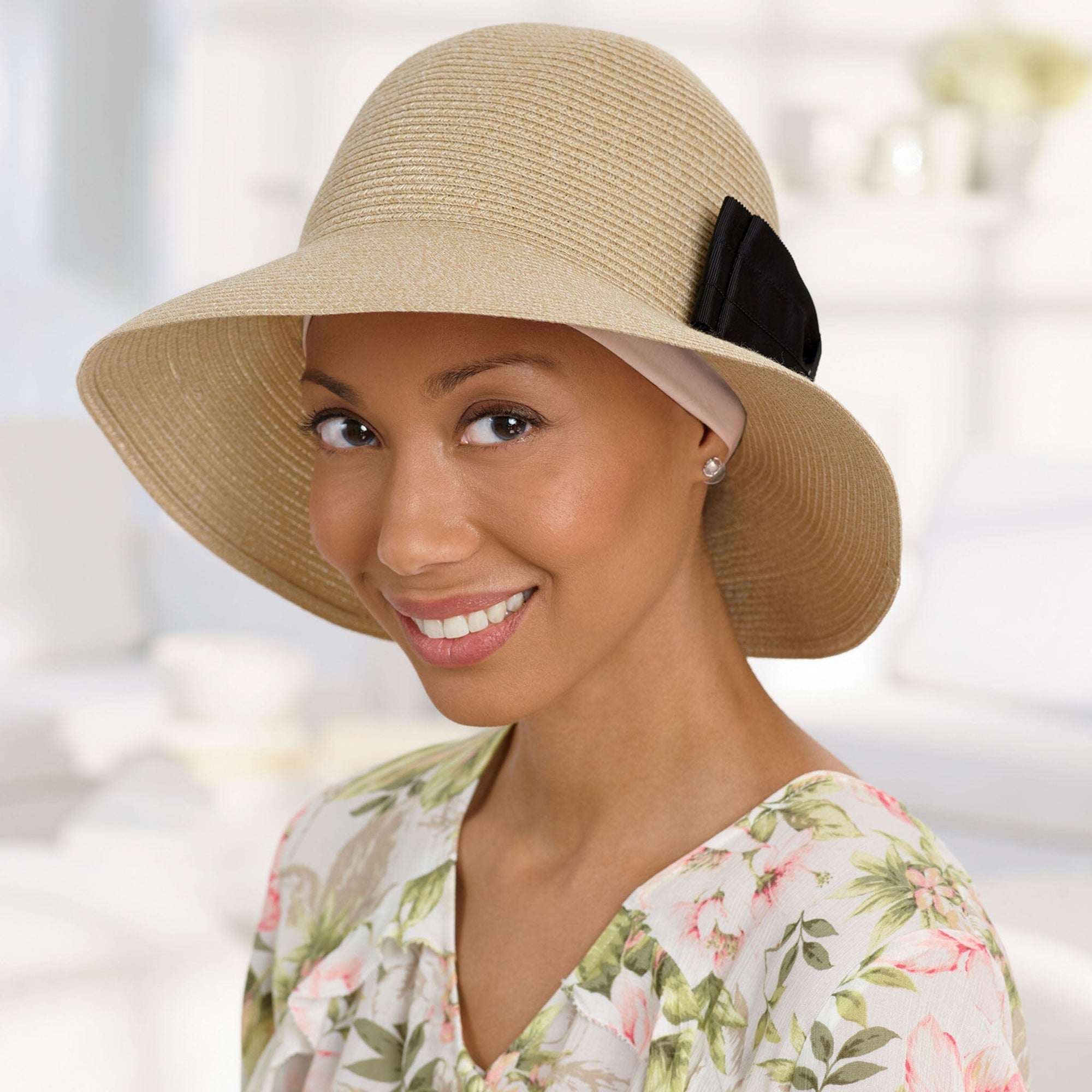 Side view #9511 Packable Hat Shown with Stretchy 3” Wide Bamboo Knit Headband (#9267) in Ivory
