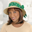 Front view #9511 Packable Hat Shown with Flower Scarfband (#9791) in Green, and Gabor® Under Cover Halo (#8744) in GL-30 Mahogany
