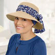 Side view #9511 Packable Hat Shown with Flower Scarfband (#9791) in Navy, and Stretchy 3” Wide Bamboo Knit Headband (#9267) in Navy