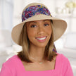 Front view #9511 Packable Hat Shown with Print Scarfband (#9402) in Violet, and Gabor® Under Cover Halo (#8744) in GL14-16 Honey Toast