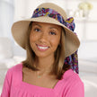 Front view #9511 Packable Hat Shown with Print Scarfband (#9402) in Violet, and Gabor® Under Cover Halo (#8744) in GL14-16 Honey Toast
