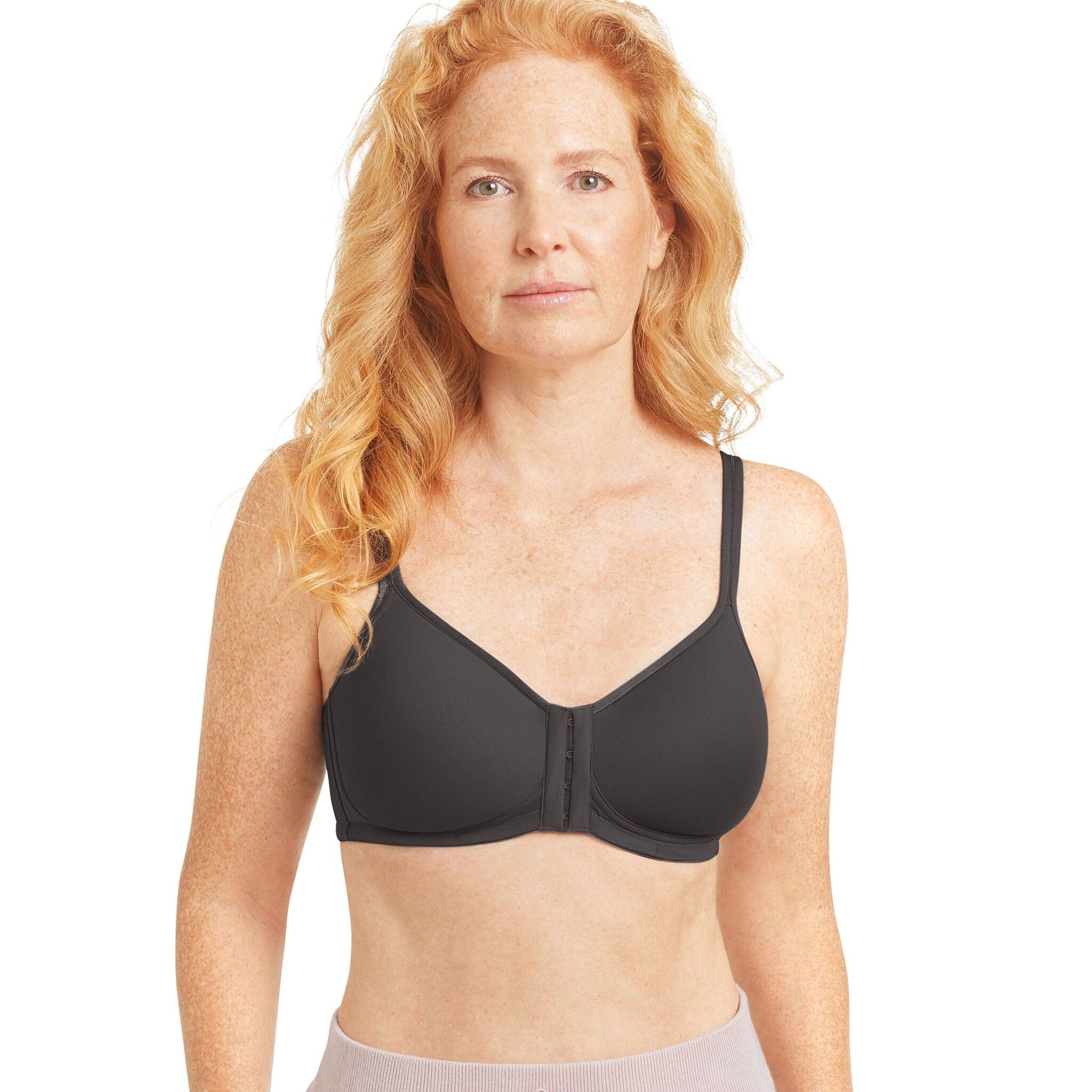 Front view #9597 Amoena® Mara Front Closure T-Shirt Bra Shown in Dark Grey