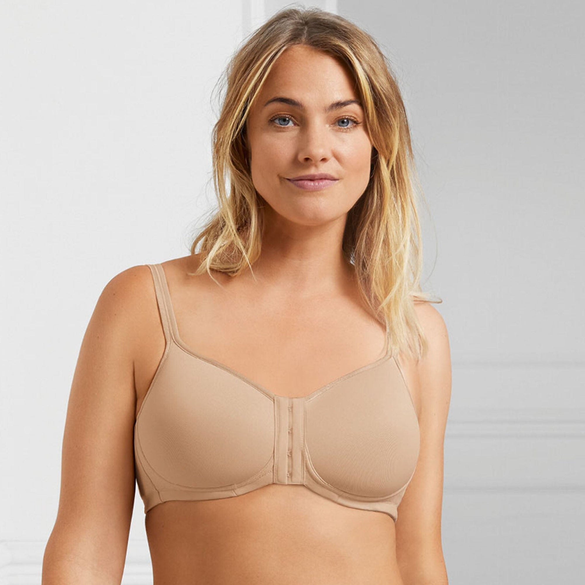 Front view #9597 Amoena® Mara Front Closure T-Shirt Bra Shown in Light Nude