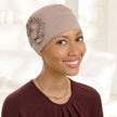 Front view #9661 Pleated Organic Bamboo Cap with Sunflower Shown in Beige
